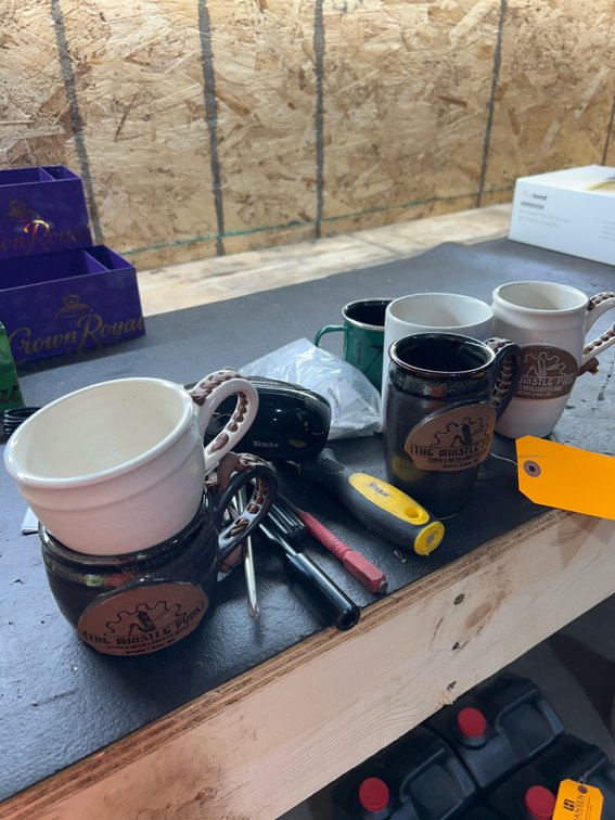 Assorted Hand Tools, Drinkware, and Household Goods