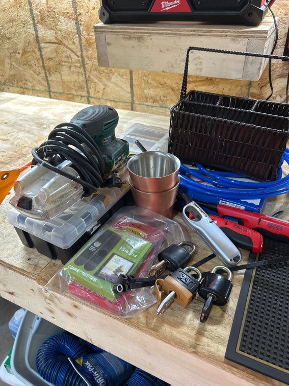 Masterforce Palm Sander, Tailonz Air Tubing, Tram Organizer, and Misc. Items