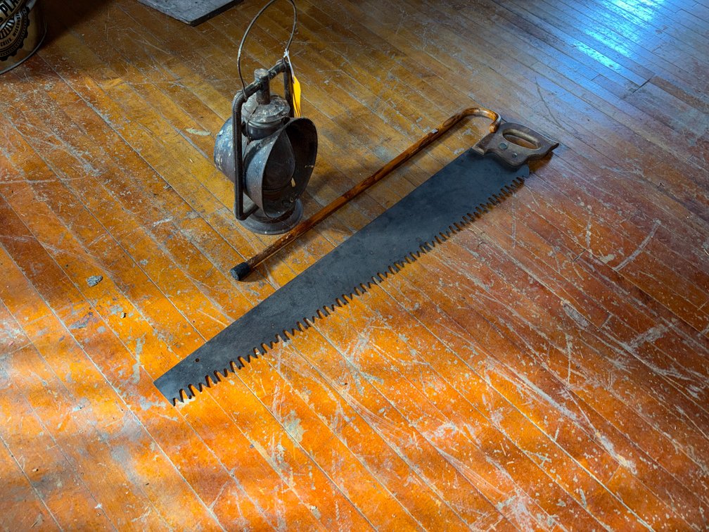 Vintage Lantern, Saw, and Cane