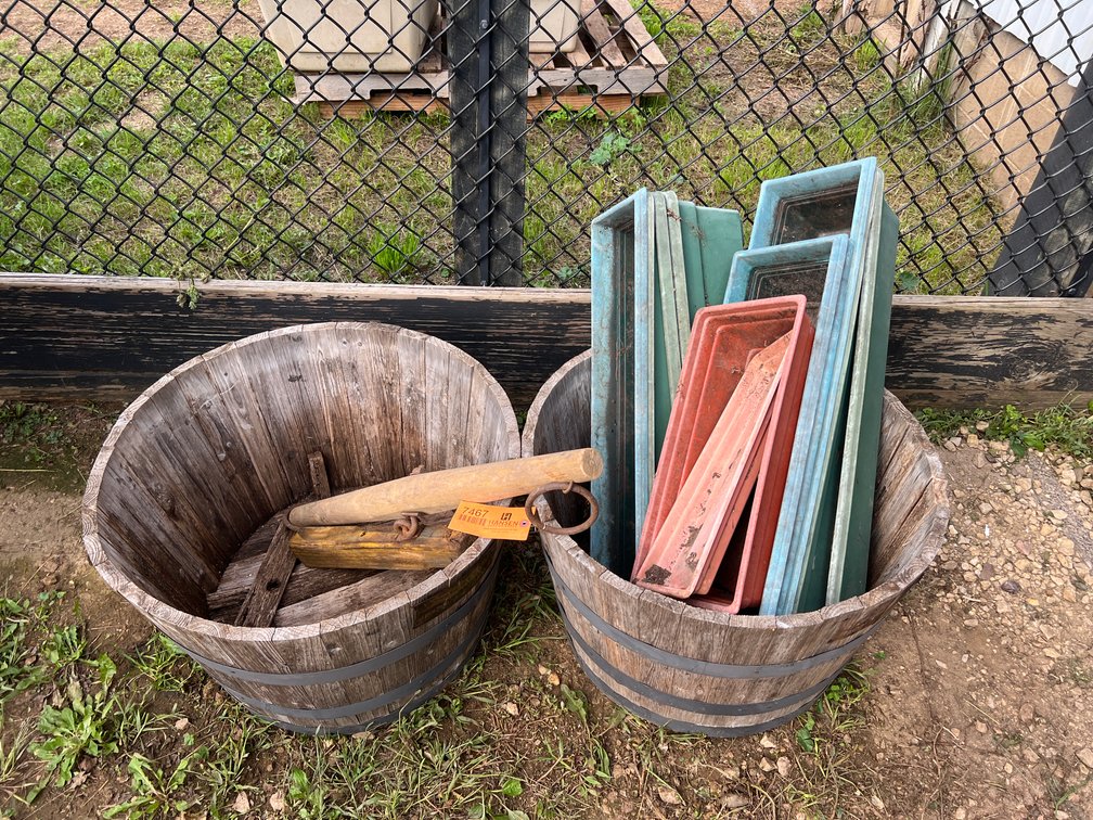 (2) Whiskey Barrel Planters, Neck Yoke, and Planters