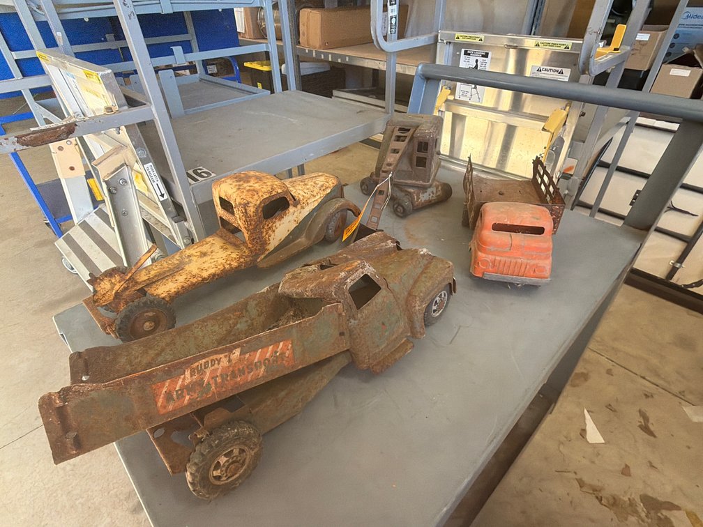 Pressed Steel Toy Trucks, Mobile Crane, and More