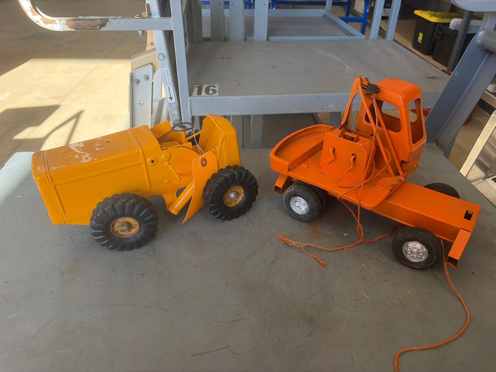 (2) Pressed Steel Toy Tractor and Crane Truck