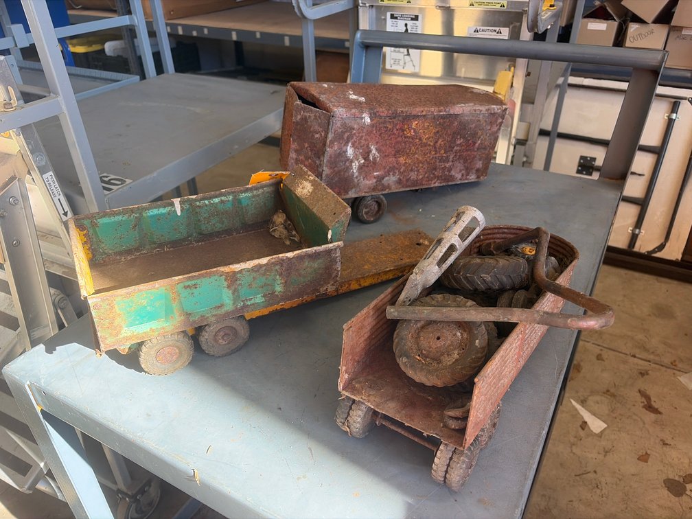 (3) Pressed Steel Toy Trailers and Assorted Parts