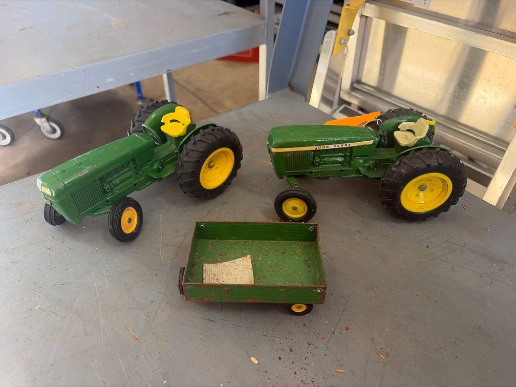 (2) Die Cast Toy Tractors and (1) Metal Wagon