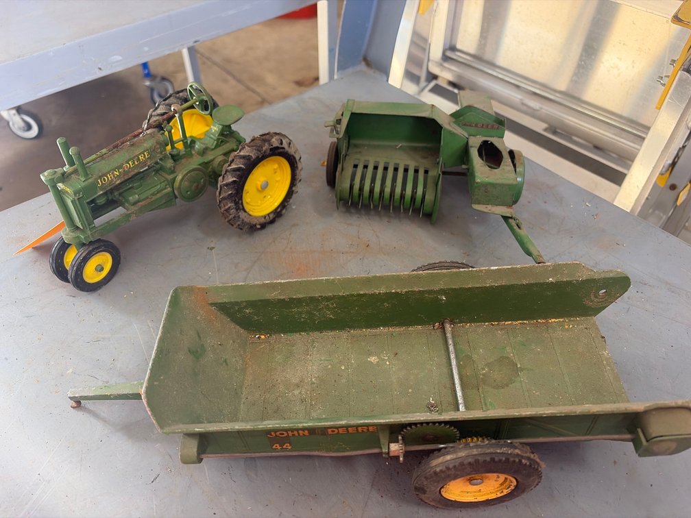 (3) John Deere Toy Tractor, Baler, and 44 Spreader Wagon