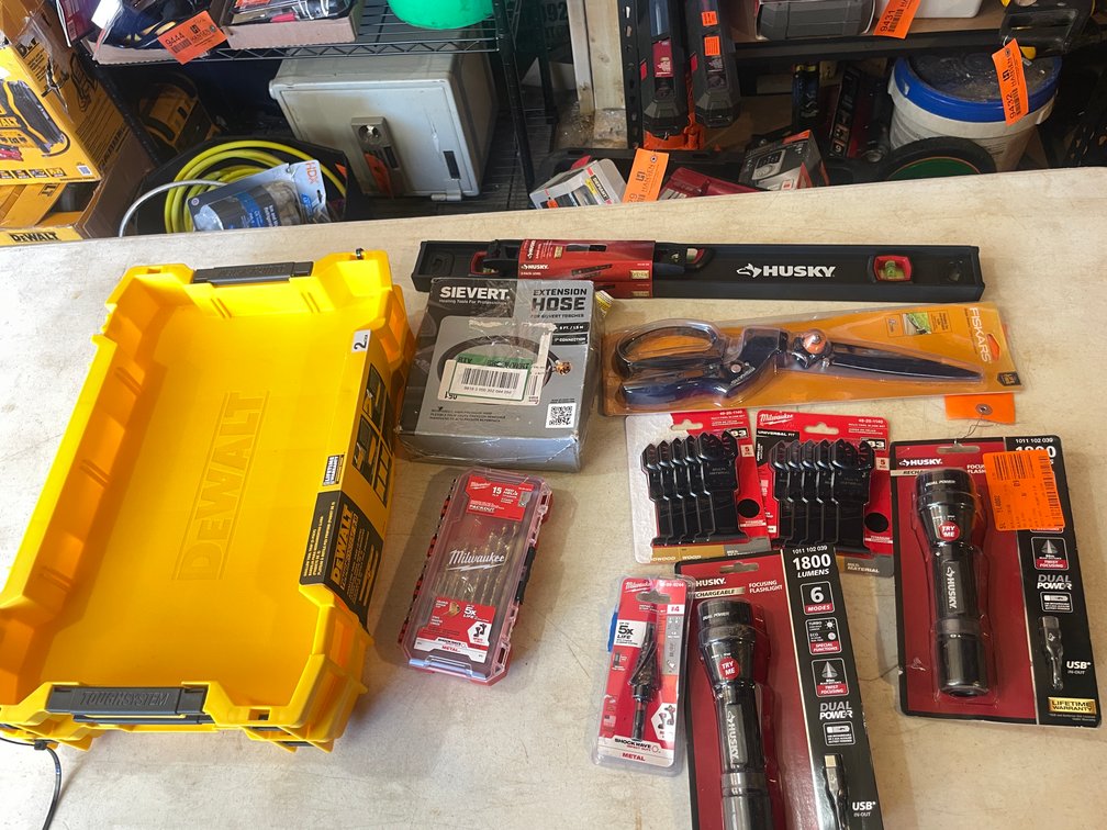 (2) DeWalt Work Trays, (2) Milwaukee (5) Piece Multi Tool Blades, Milwaukee (15) Piece Drill Bits, and Sievert Extension Hose (Fountain City, WI)