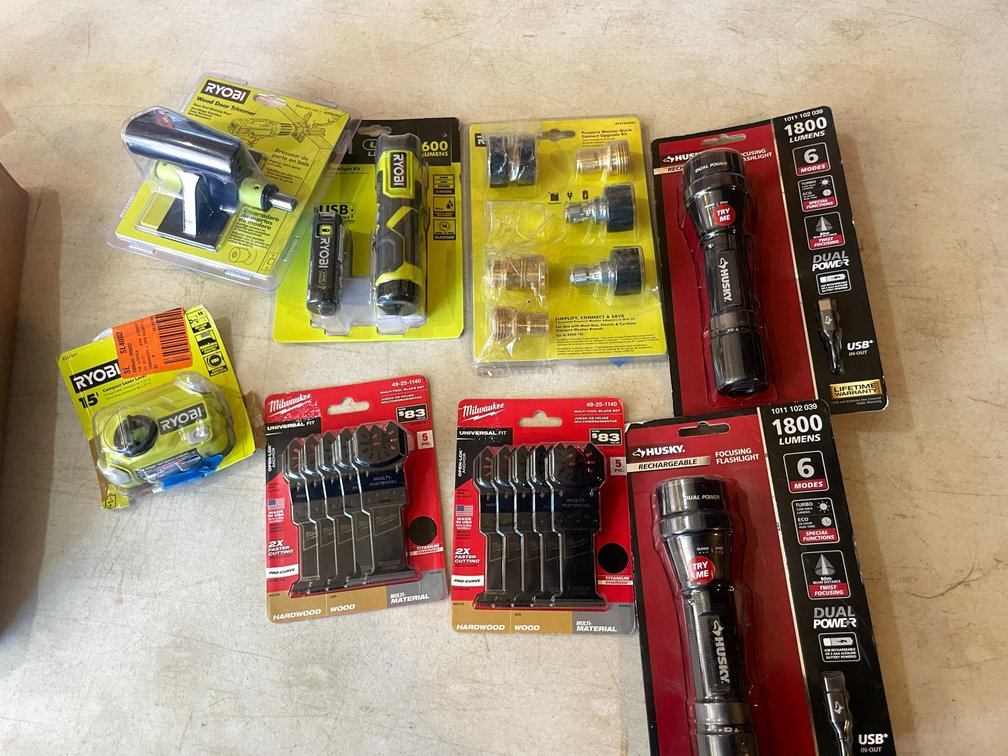 Compact Laser Level and Flashlight Kit, Milwaukee (5) Piece Multi Tool Blades, and Pressure Washer Quick Connect Kit (Fountain City, WI)