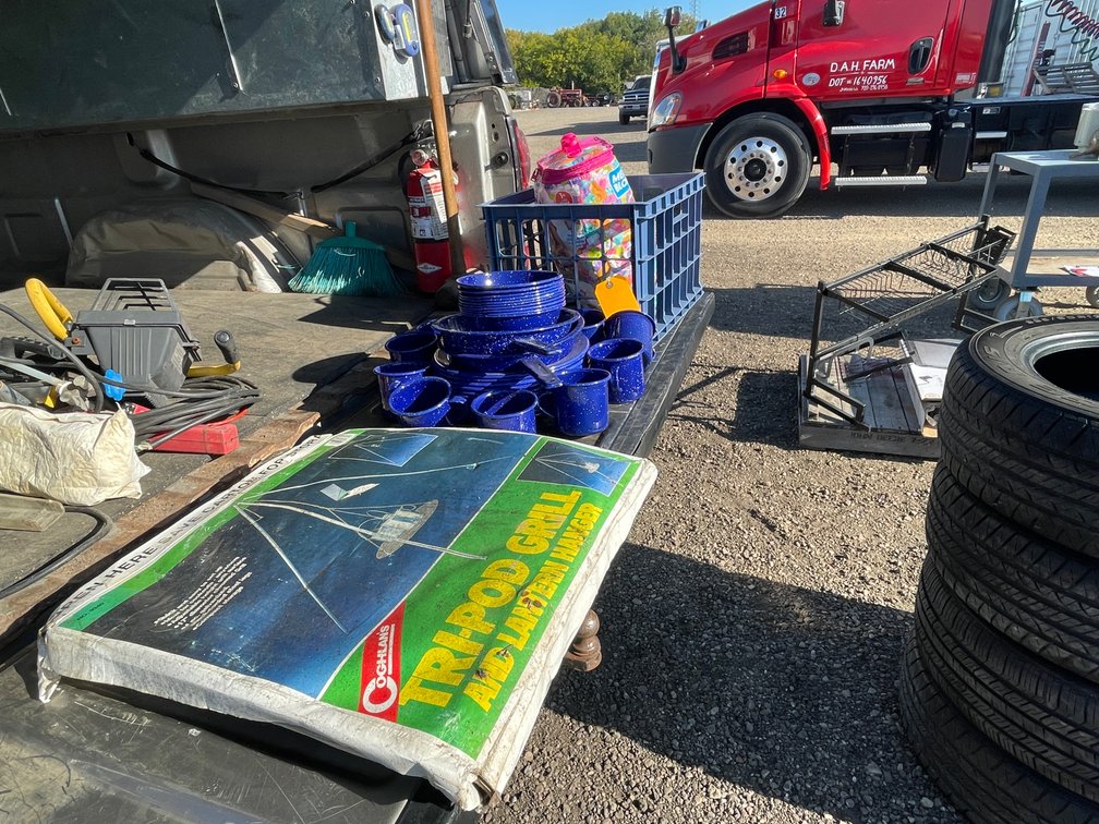 Metal Camping Dish Set, Tripod Grill, lantern hanger and More