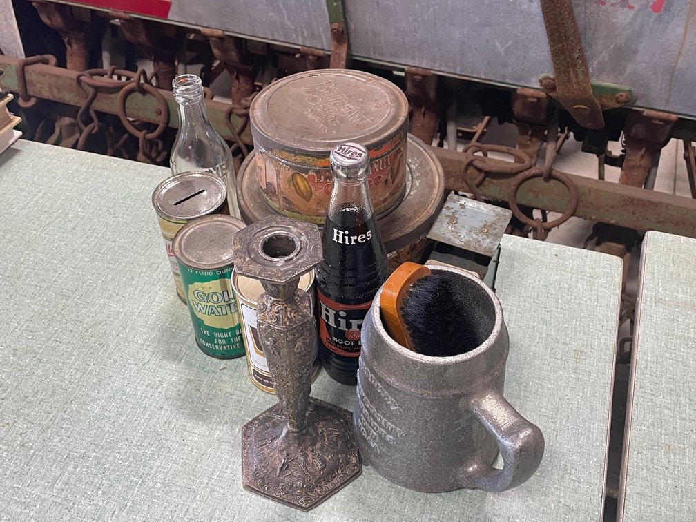 Vintage Tin Bottles and Postal Scale