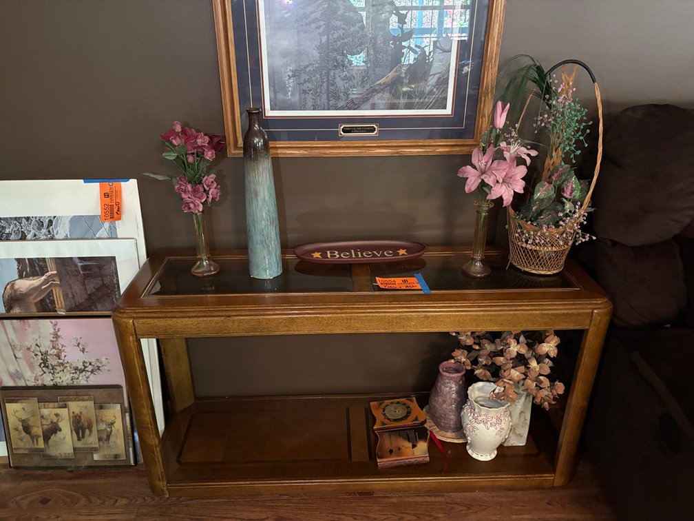 Glass Top Sofa Table and Contents