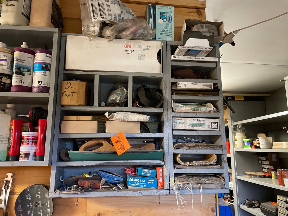 Contents of Wooden Cubby Organizer Shelf, Abrasives, Auto Parts, Gloves, and More