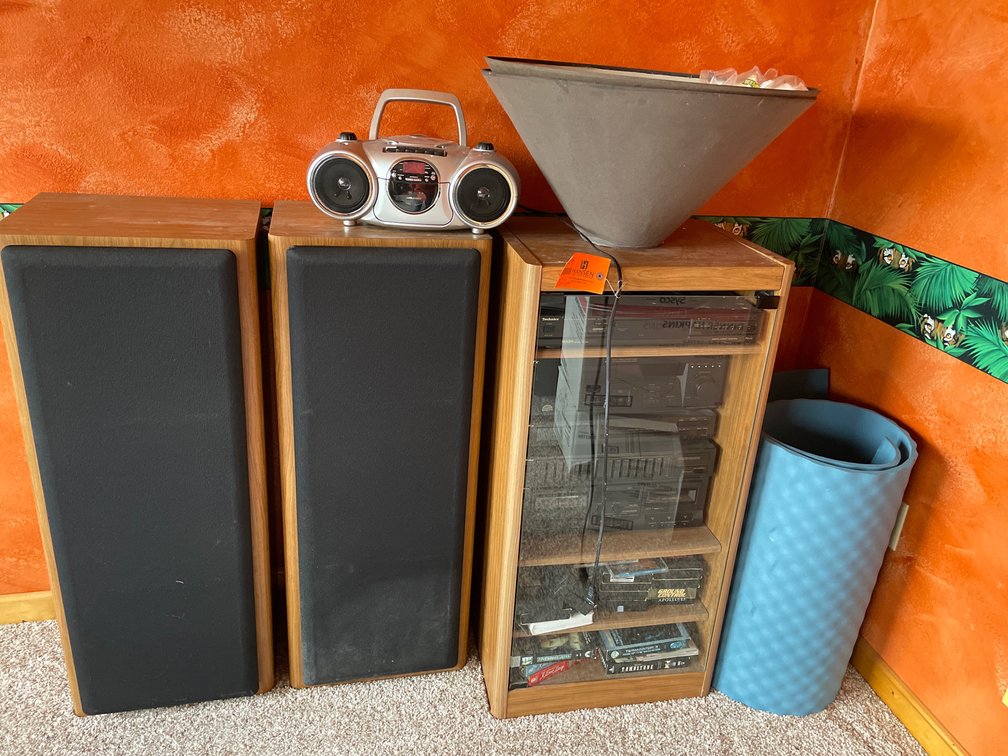 Stereo Component Cabinet with Audio Components, (2) Floor Standing Speakers, Portable Boombox, and More