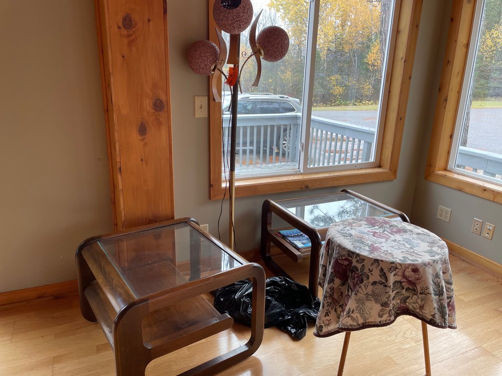 (2) Bentwood and Glass Top Side Tables, (1) Three Light Floor Lamp, and (1) Round Accent Table