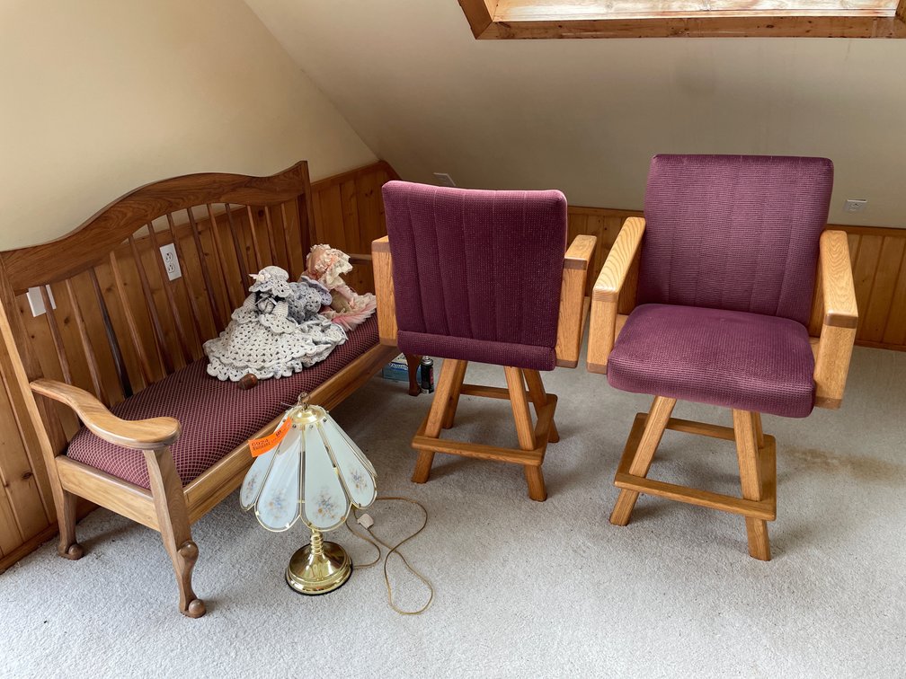 Wooden Bench, (2) Swivel Bar Stools, Table Lamp, and More