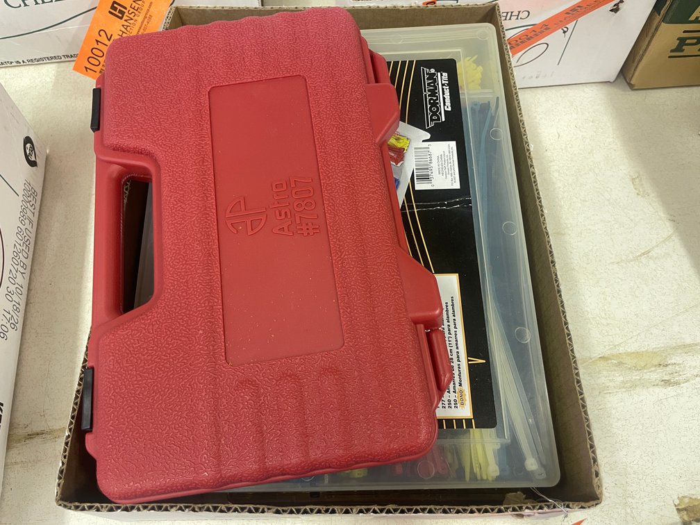 Tote of Zip Ties, Astro Pneumatic Radio Removal Tool Set, and Various Bits