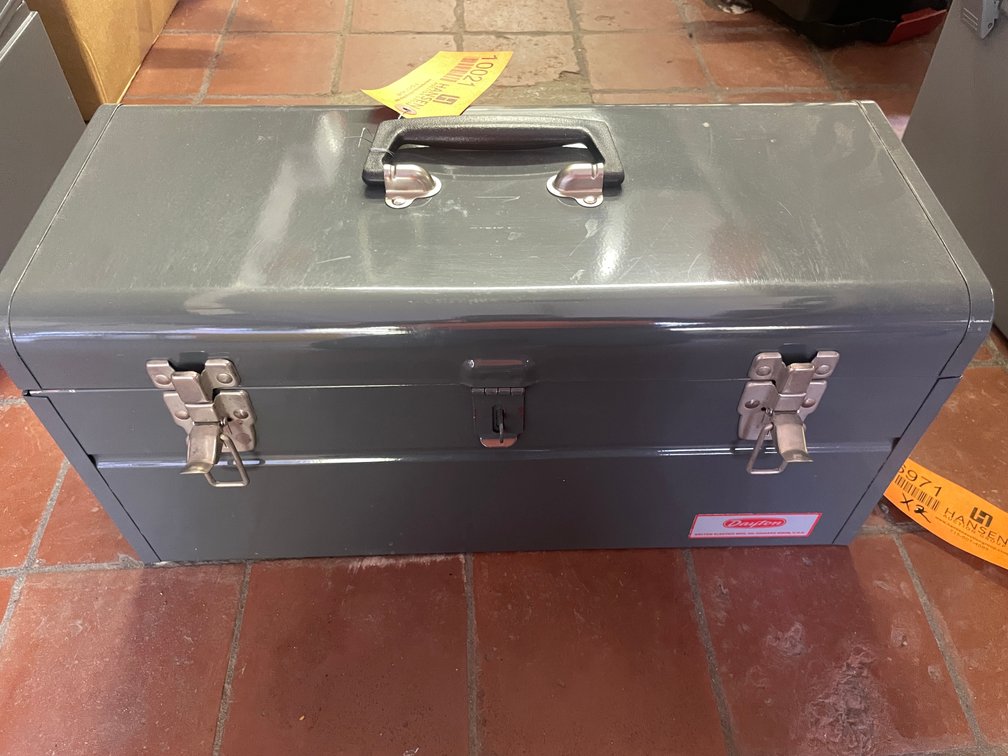 Metal Toolbox and Wire Brush Drill Bits