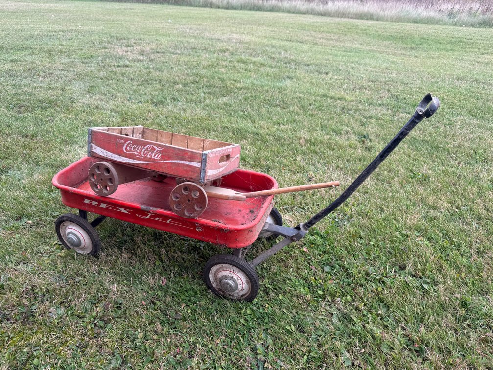 (2) Metal Coaster Wagon and Wooden Crate Wagon