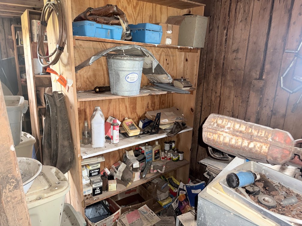 Contents of Wooden Shelving Unit with Workshop Supplies, Metal Pedal Tractor, Wheeled Cart, and More