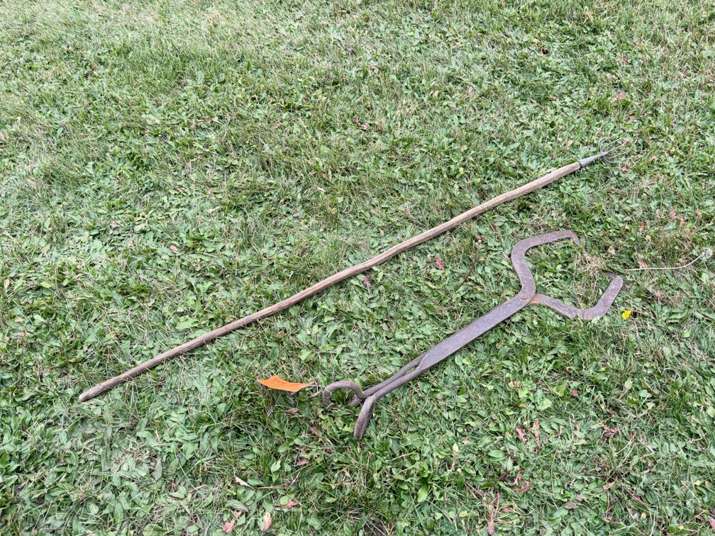 Iron Railroad Tongs and Multi Tine Wooden Pole Tool