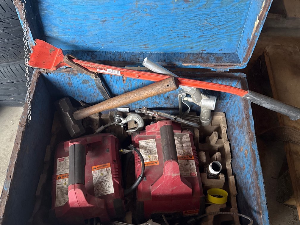 Wooden Tool Chest with (2) Electric Winches, Sledgehammer, and More
