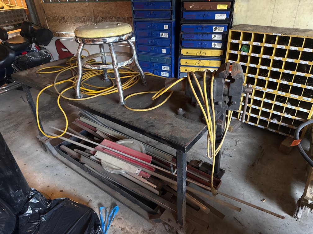 Steel Workbench with Bench Vise, Rolling Cart, Shop Stool, and Metal Stock
