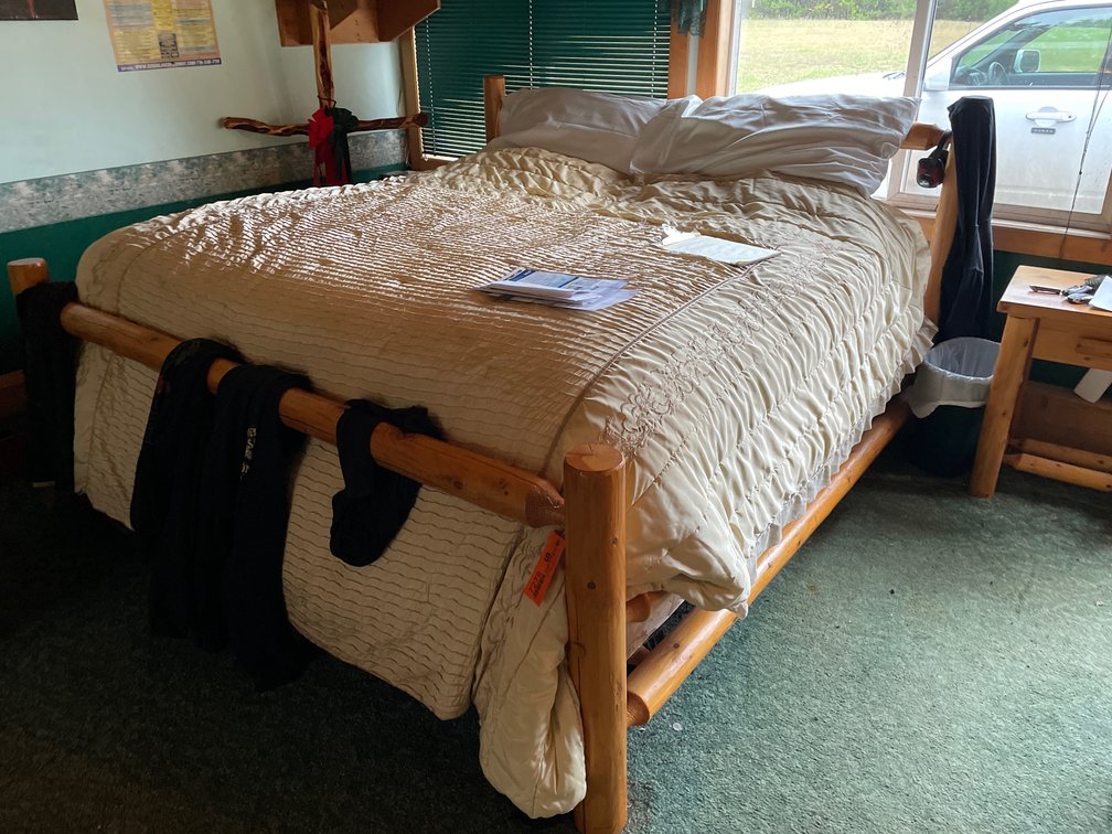 Rustic Oak Log Bed Frame and (2) Side Tables