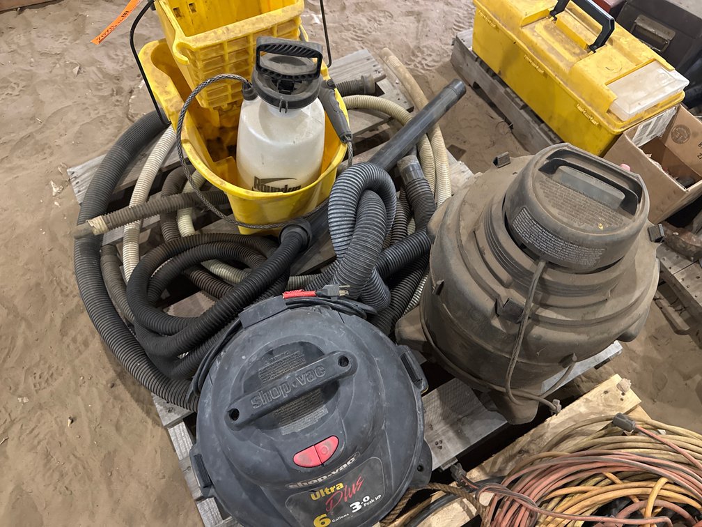 (2) Wet and Dry Vacuums, Mop Bucket, Sprayer, and More