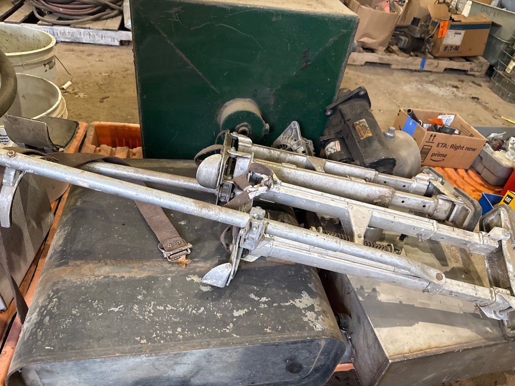 Pair of Aluminum Drywall Stilts, Metal Tanks, Starter Motor, Alternator, and More