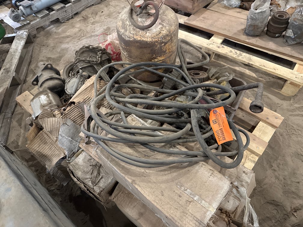 Pallet of Industrial Equipment Including Hoist, Air Starter, Pressure Tank, Cables, and More