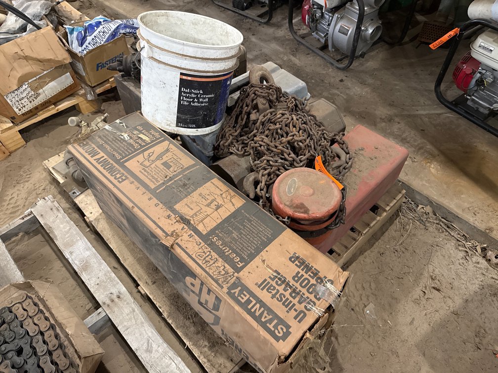 Pallet Lot of Garage Door Opener, Chain Hoist, Tile Adhesive, and Mechanical Parts