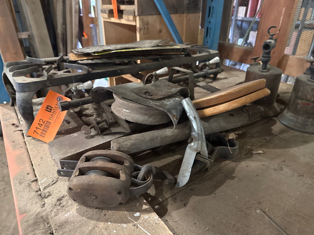 Cast Iron Gas Hot Plate Stand, Blowtorches, Pulleys, License Plates, and More