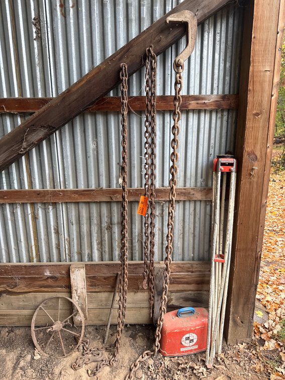 Chains with Hook, Spoked Iron Wheel, Surveyor Tripod, Instrument Case, and More