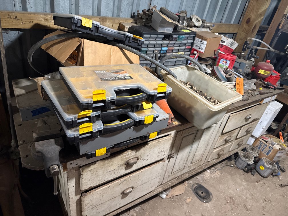 Painted Wood Multi Drawer Workbench with Mounted Bench Vise and Contents