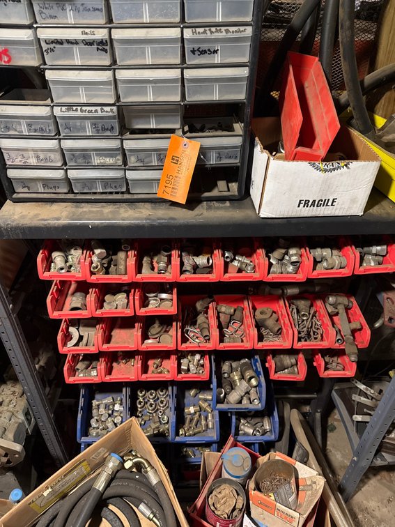 Multi Drawer Parts Organizer Cabinet, Storage Bins with Fittings, Hydraulic Hoses, and More