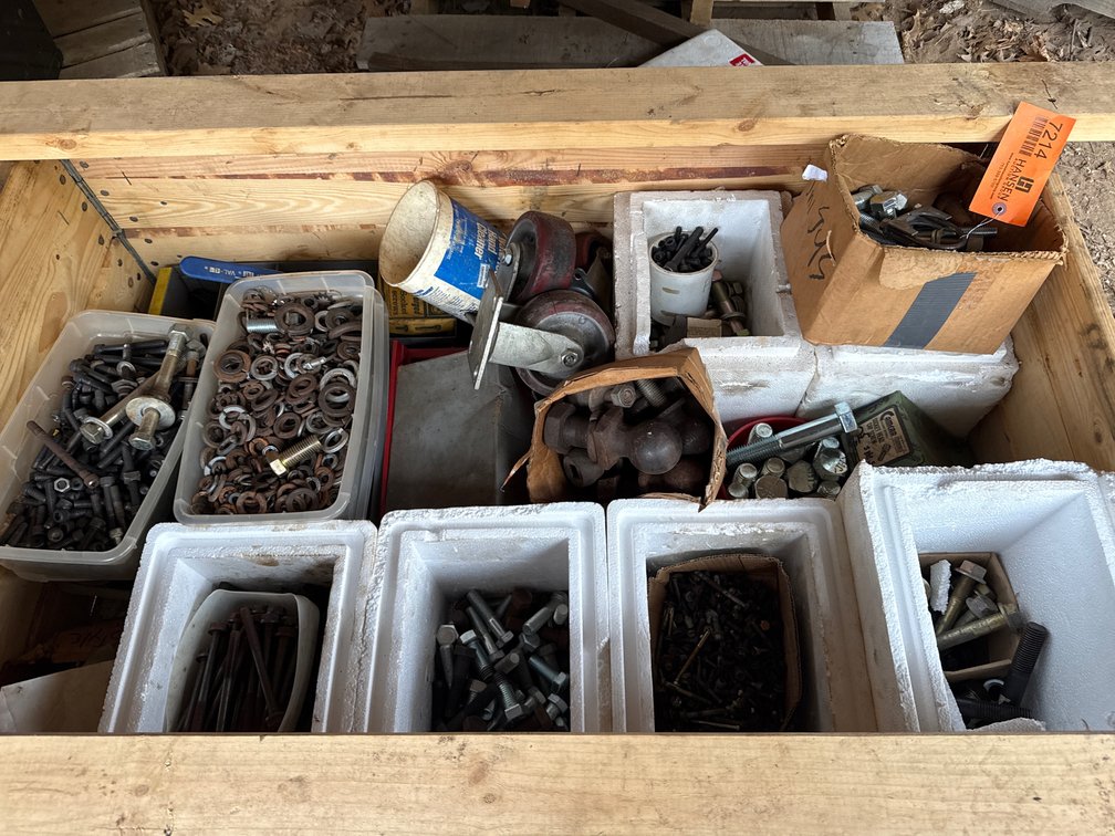 Hardware Fasteners, Casters, Trailer Hitch Balls, and More in Wooden Crate