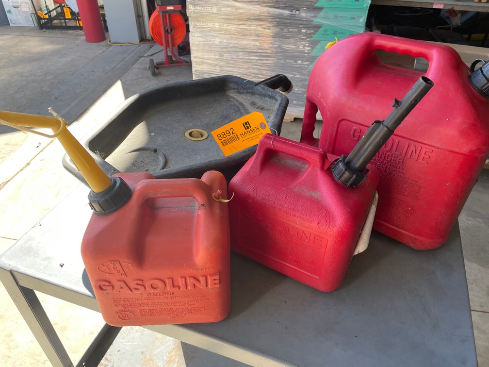 (3) Gas cans and Oil Drain Basin
