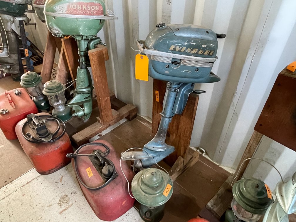 Vintage Evinrude Lightwin Boat Motor on Wooden Stand and More (Neenah, WI)