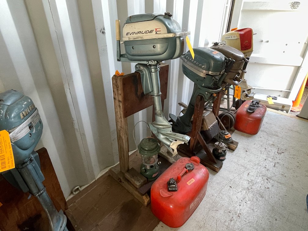 Vintage Evinrude Lightwin Boat Motor on Wooden Stand and More (Neenah, WI)