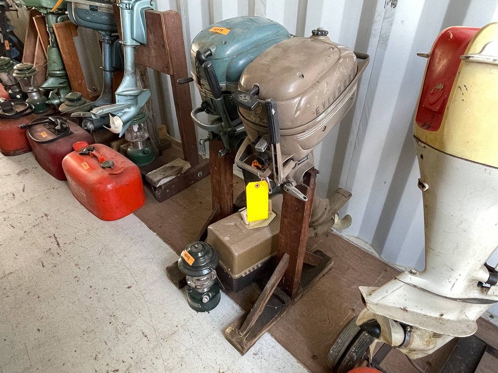 (2) Vintage Evinrude Boat Motors on Wooden Stand and More (Neenah, WI)
