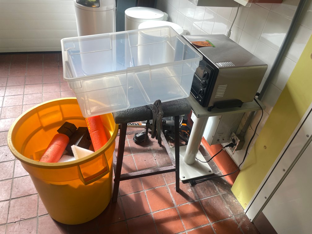 Welding Stand, Cuisinart Toaster Oven, and Garbage Can