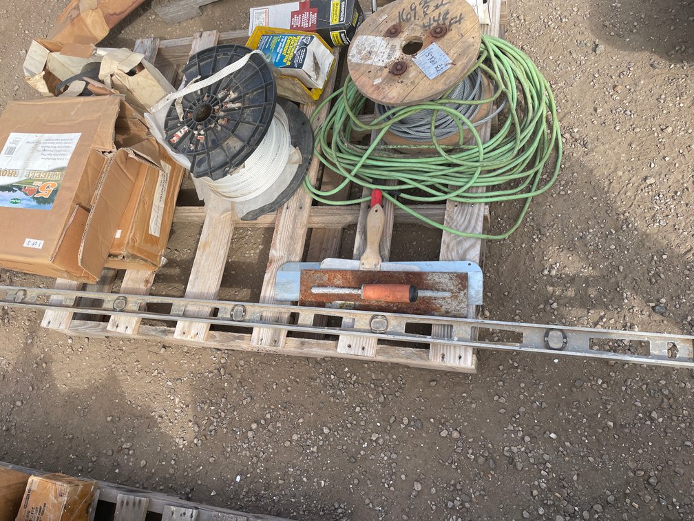 Pallet of Steel Rope Wire, Bubble level, and More Shop Supplies