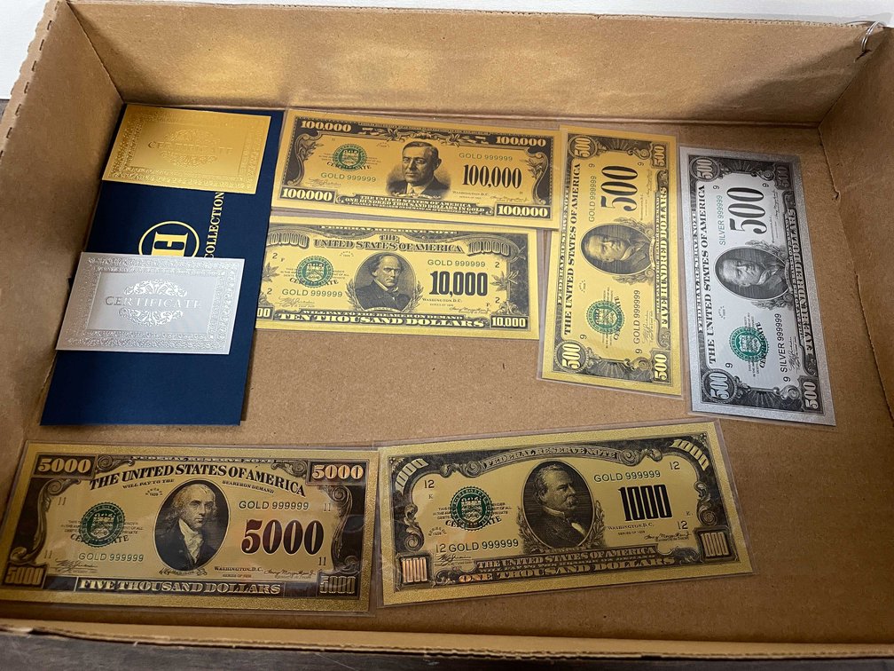 US Currency Gold Certificate Large Denomination Gold Foil Banknote Set (T5)