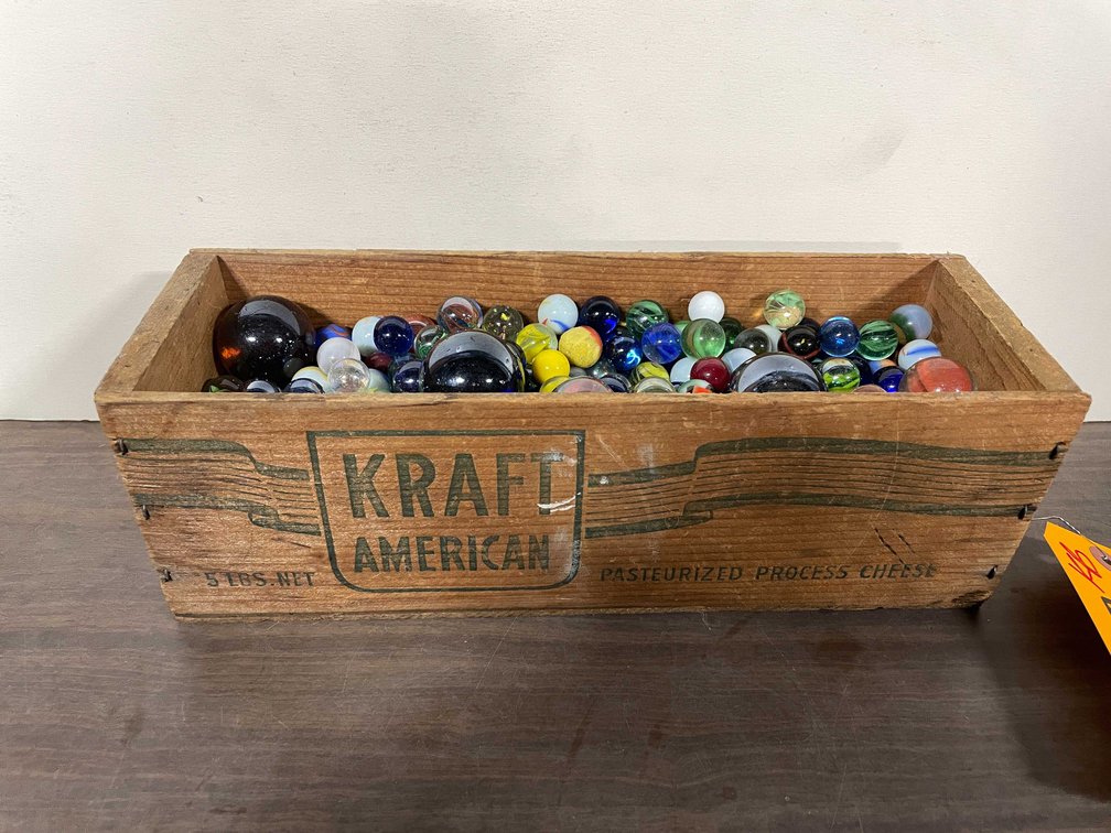 Vintage Kraft American Cheese Wooden Box Full of Marbles (T5)