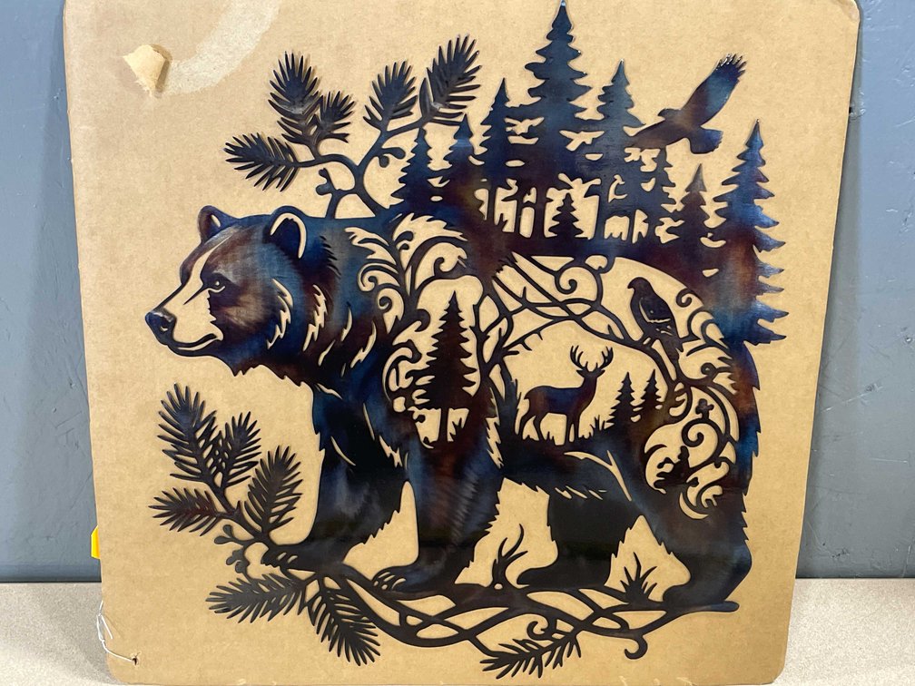 Laser Cut Metal Sign of a Bear with Other Wildlife (T2)