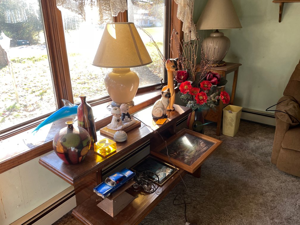 Wooden Display Table, End Table and Decorations