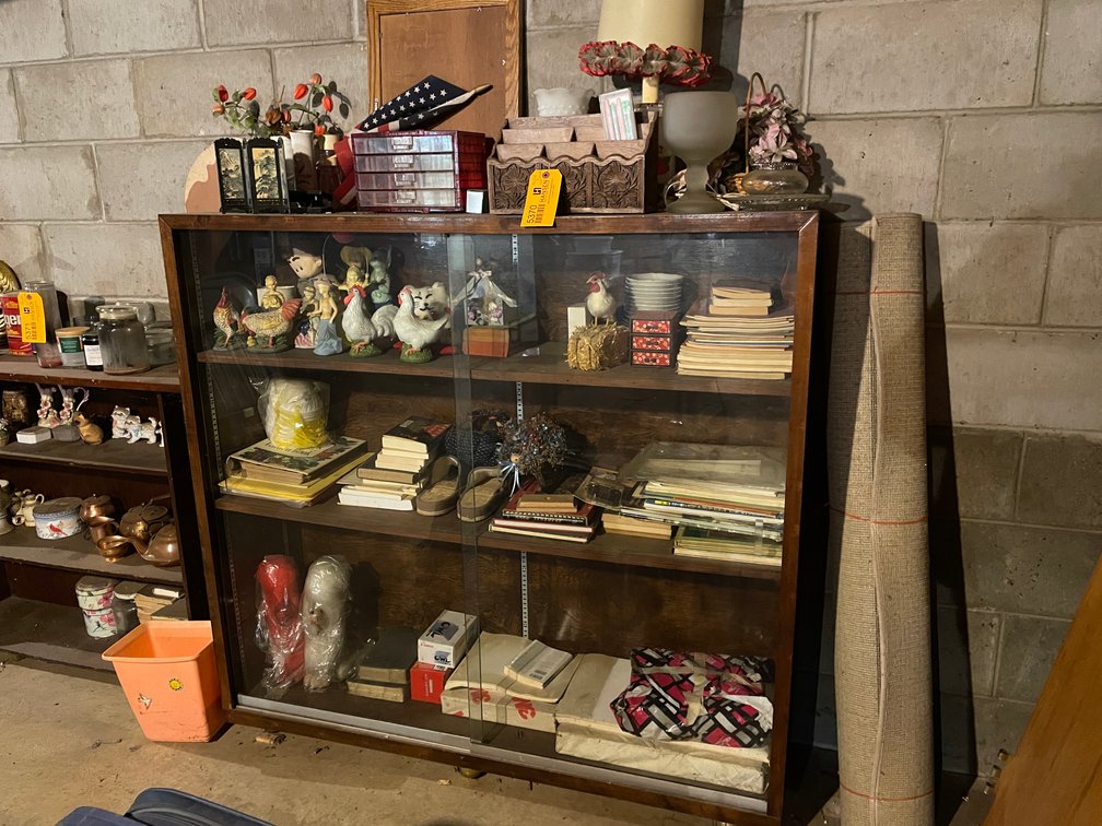 Wooden Display Cabinet with Glass Doors and Contents