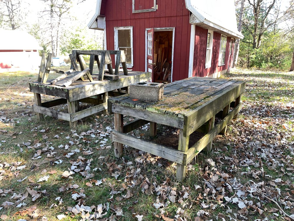 (2) Large Wooden Work Tables and Saw Horses
