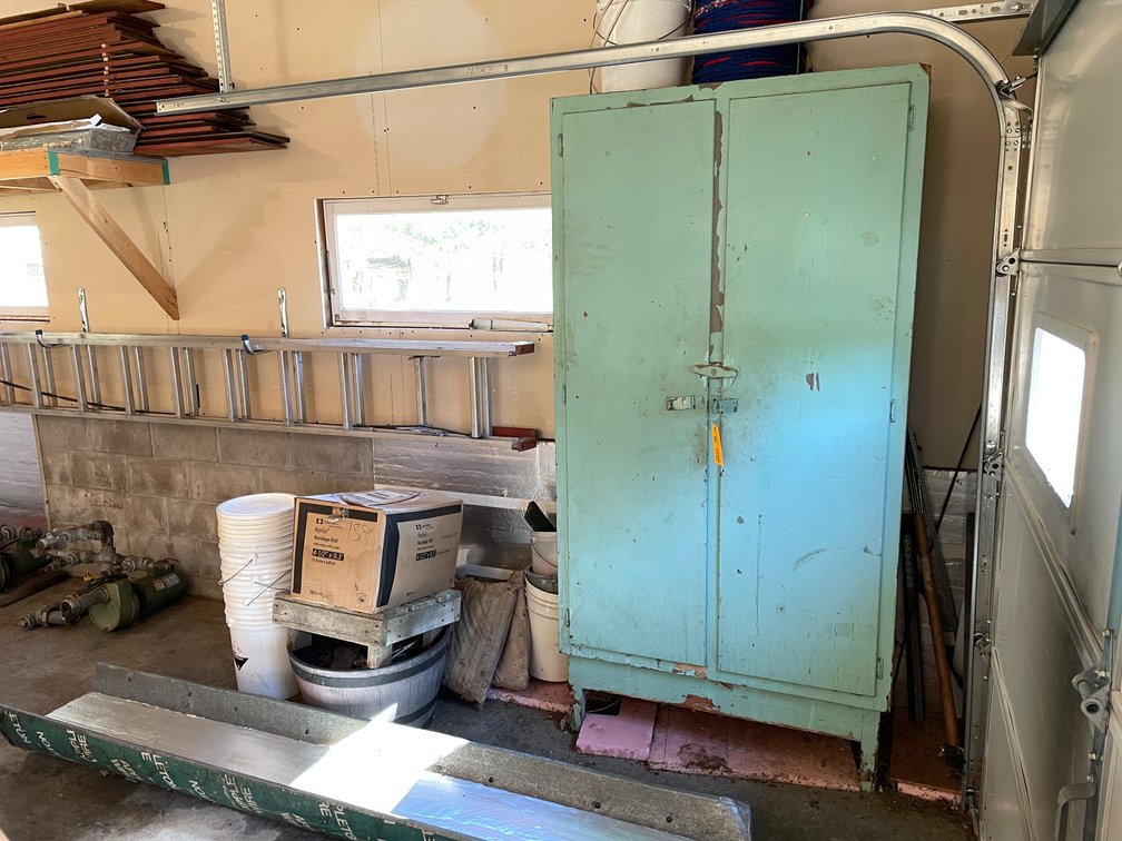 Wooden Shop Storage Cabinet and Contents