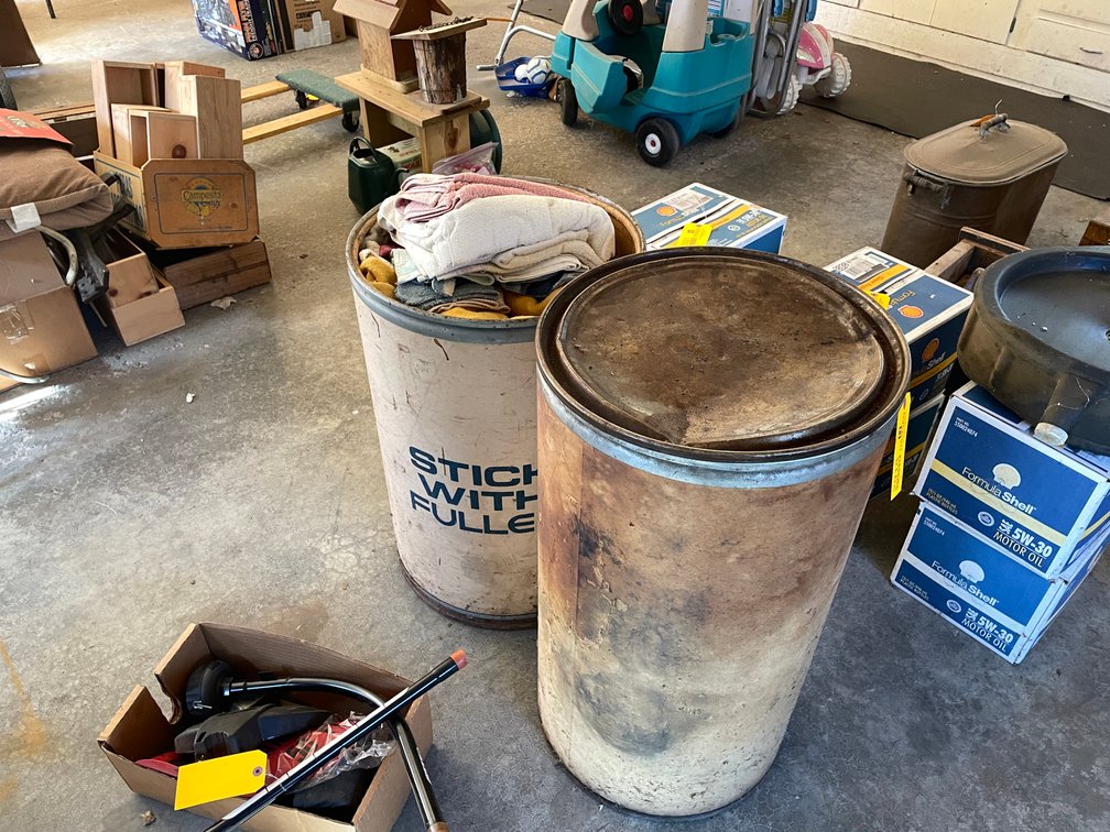 (2) Cardboard Barrels with Shop Rags