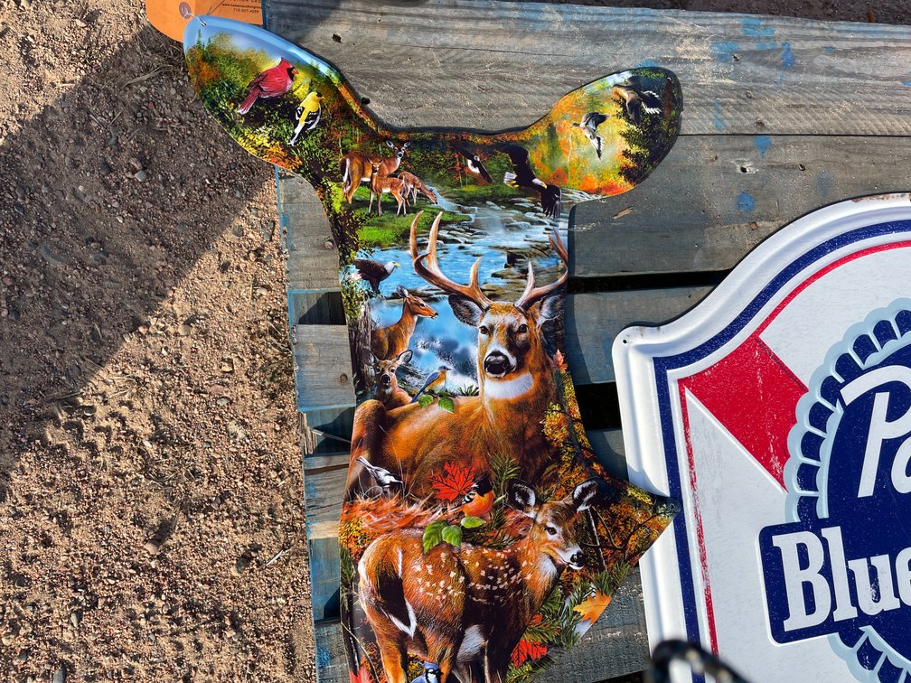 Metal Deer Head w/ Wildlife Scene Sign